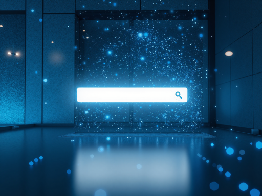 AIUQ域名概念图,显示人工智能与品质评估结合的抽象视觉元素,蓝色科技背景